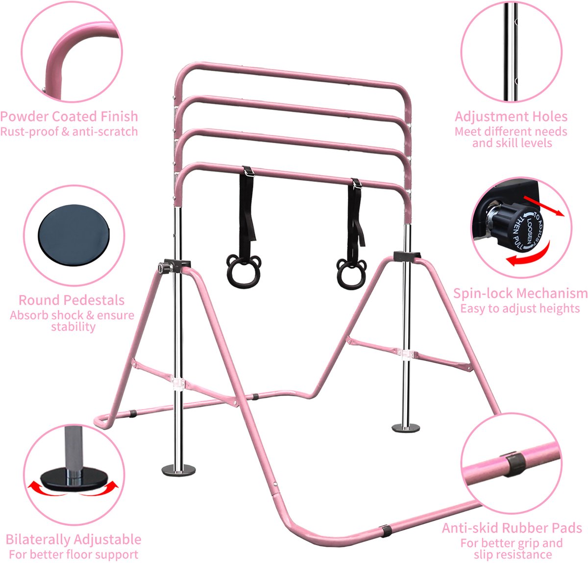 REDOM - Kinder turnrek - Hoogteverstelbaar - Antislip driehoekige steun - Opvouwbaar - Binnen en buiten - IJzer - Roze - 88,9-129,54 cm