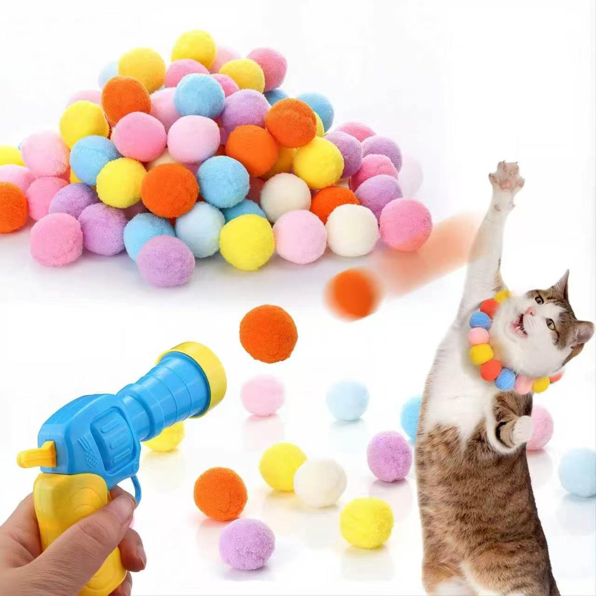 Namajunas - Interactief katten speelgoed - 100 pluizen ballen en een pistool - Kattenspeeltjes - de band met je kat versterken - Katten ballen werper