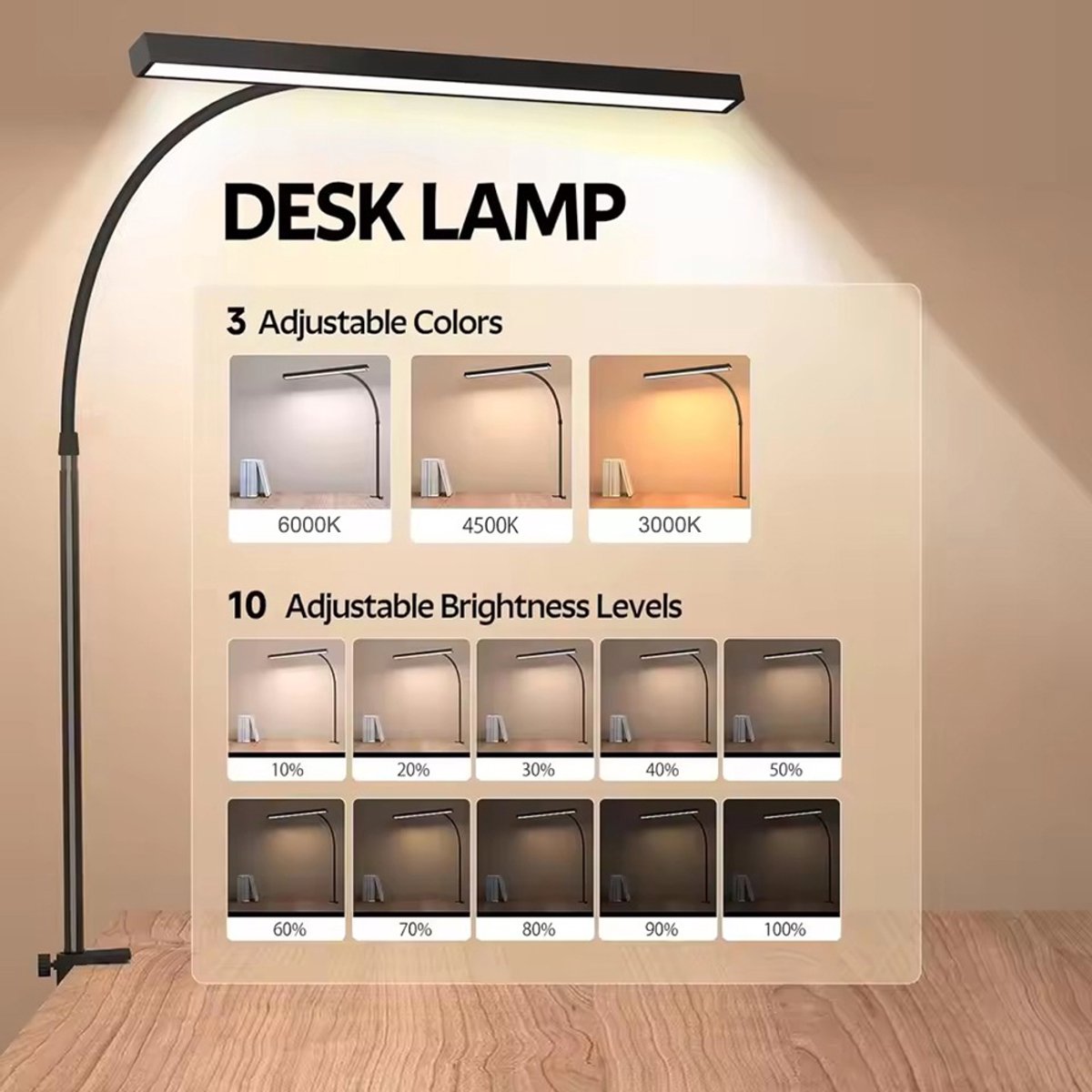 MUPOO Bureaulamp LED Dimbaar - Leeslamp met 40 cm Brede Lampkop & 70 cm 360° Flexibele Zwanenhals - Werklamp met 3 Lichtkleuren & 10 Helderheidsstanden - Hobbylamp voor Kantoor, Studie, Tekenen, Naaien en Handwerk - USB Voeding thumbnail 2