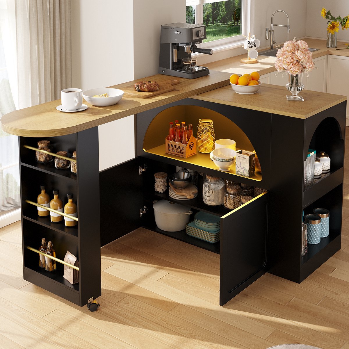 Wishdor - Bartafel - Uitschuifbaar 135-205 cm - Met opbergruimte, LED en wielen - Modern - Keuken en woonkamer - Houtlook - Zwart - 205 x 39 x 100 cm