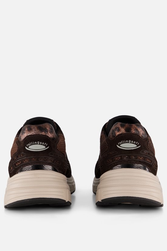 Achterkant van een paar bruine suède Gabor Rollingsoft sneakers met luipaardprint en 'rollingssoft' logo.