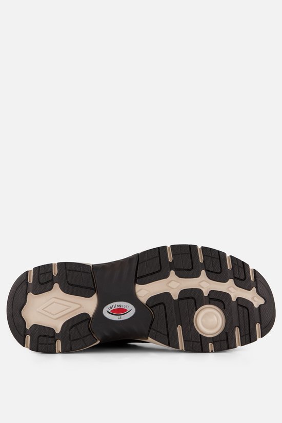 Zool van een bruine sneaker met zwart en beige profiel.