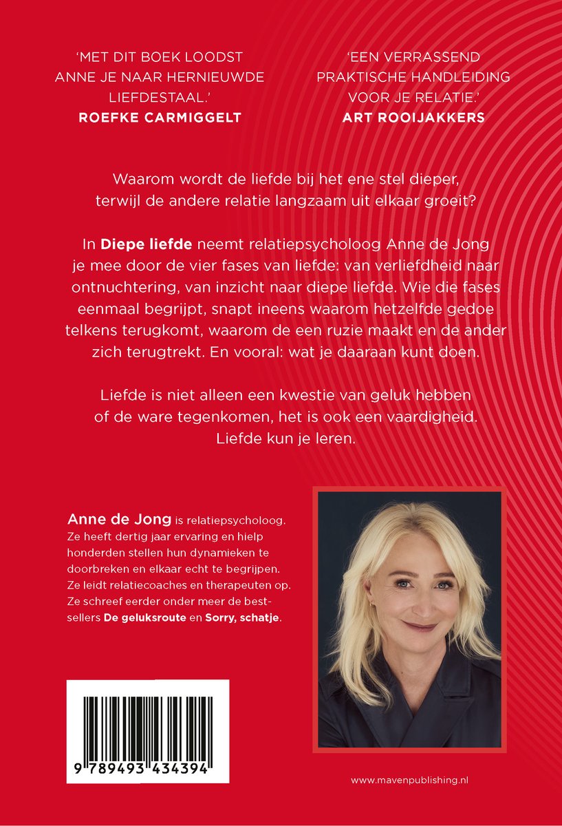 Portret van de auteur Anne de Jong, met een rode achtergrond en de titel 'Diepe liefde'.
