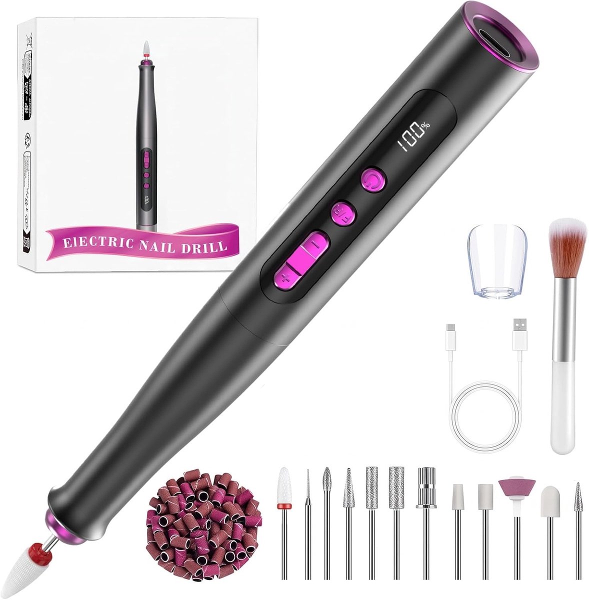 casalora—Elektrische nagelknipper - Draadloos - 13-in-1 nagel- en pedicureset - 35000RPM - Geschikt voor acryl- en gelnagels - 5 instelbare snelheden (grijs)