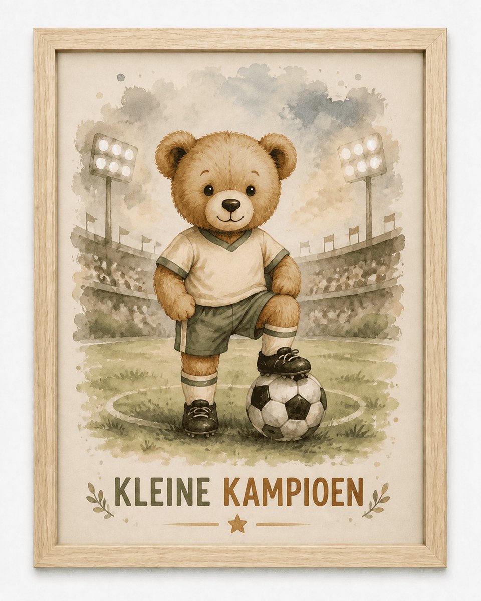 Voetbal Poster Kinderkamer | Kleine Kampioen Met Teddybeer | Inclusief Zwarte A4 Lijst