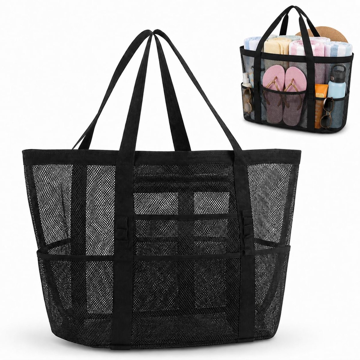 Strandtas dames grote mesh - opvouwbaar - zwart - ideaal voor stranduitjes - ShopVlot