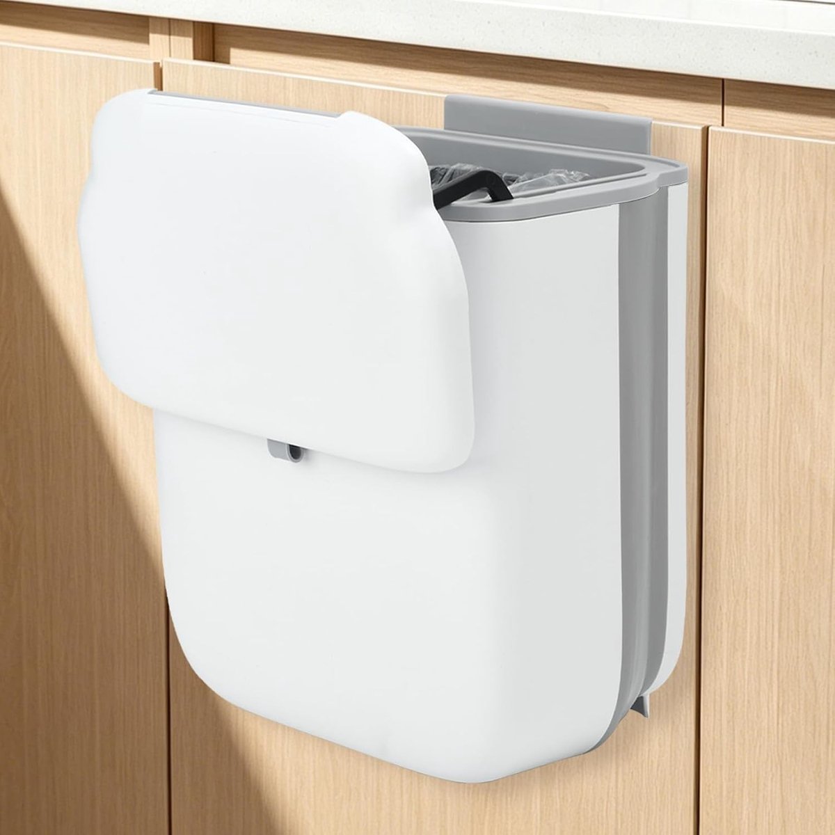 Opvouwbare Hangende Afvalemmer - Wit - 10 Liter - Compacte Keukenafvalemmer met Deksel - Voor Keuken, Camping en Badkamer