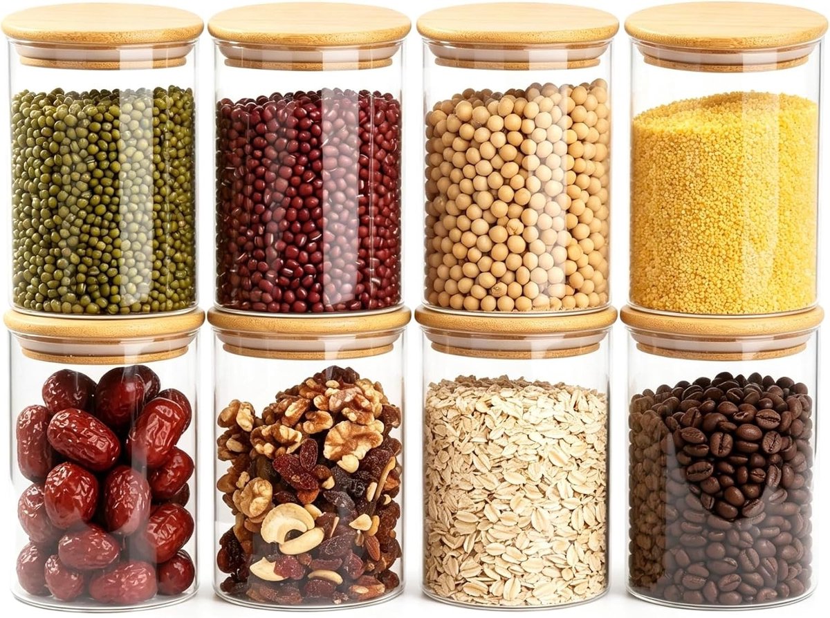 Set van 8 Luchtdichte Glazen Potten - Transparant - 530 ml - Borosilicaatglas met Bamboedeksel - Voor Koffie, Thee en Snacks