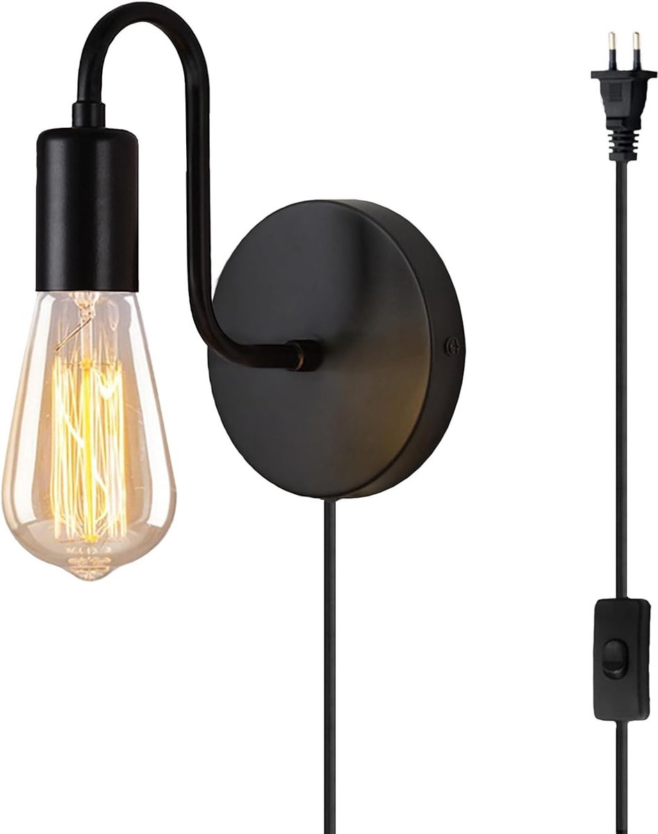 Vintage Wandlamp - Zwart - 1 Plug-in - Met Schakelaar en Stekker - Voor Binnengebruik