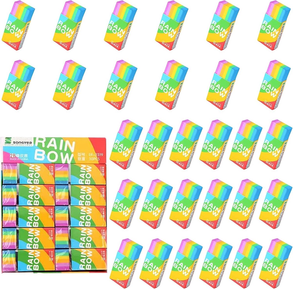 Set van 30 zachte mini 2B gum in verschillende kleuren, ideaal voor school en kantoor, 5.5 x 2.2 cm
