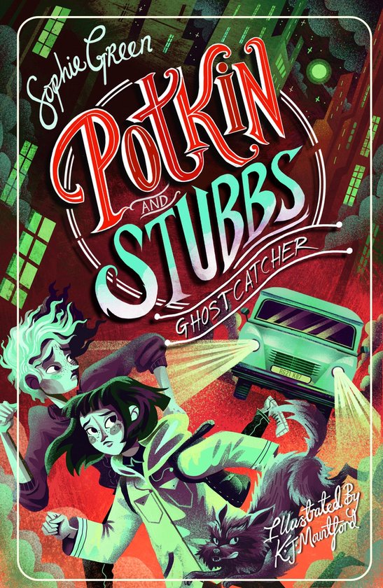 Boekomslag van 'Potkin and Stubbs Ghostcatcher' met twee tieners en een hond die wegrennen voor een lichtgevende auto.