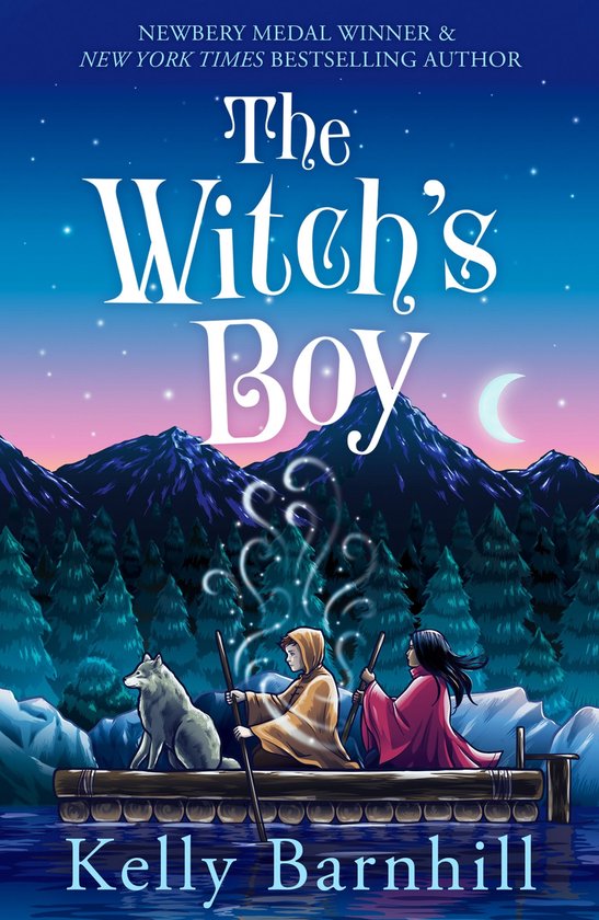 Boekomslag 'The Witch's Boy' van Kelly Barnhill, met twee personen en een wolf op een vlot in een winterlandschap.