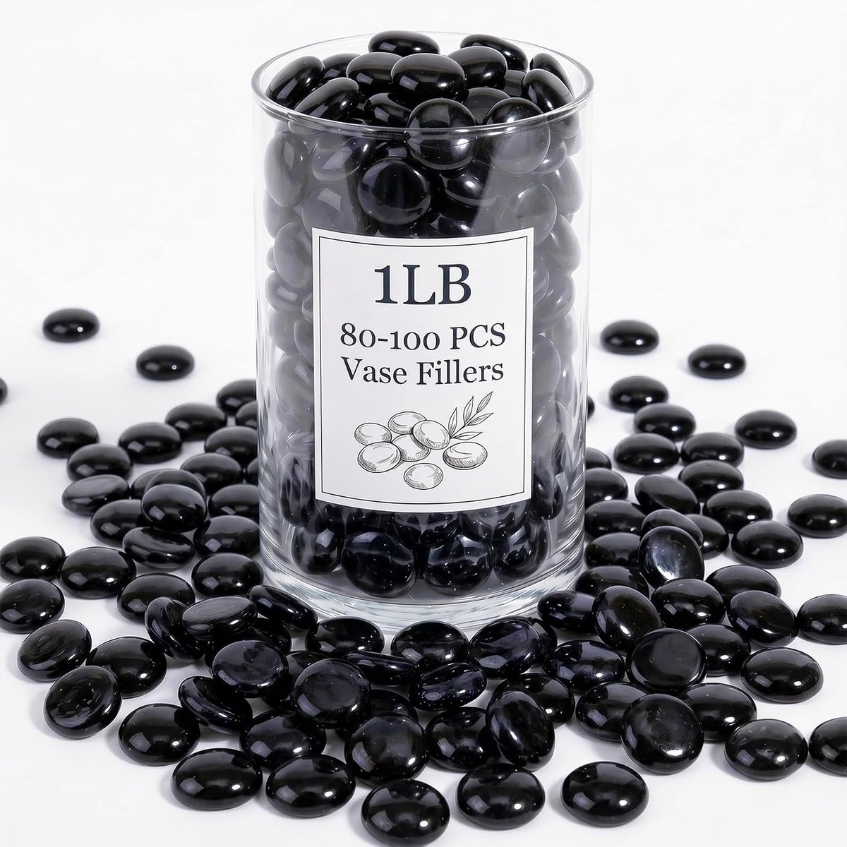 440 g (ca. 80-100 stuks), zwarte platte glazen stenen, 17-19 mm, obsidiaan vaasvuller, aquariumdecoratie en decoratie - ShopVlot