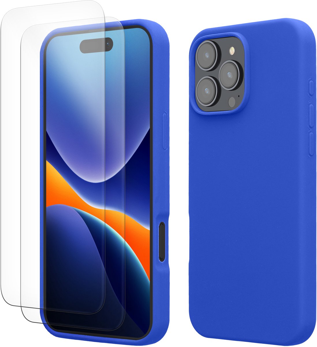 kwmobile hoes met 2x screenprotectors voor Apple iPhone 16 Pro Max – screenprotector van gehard glas – draadloos opladen – Baltisch blauw