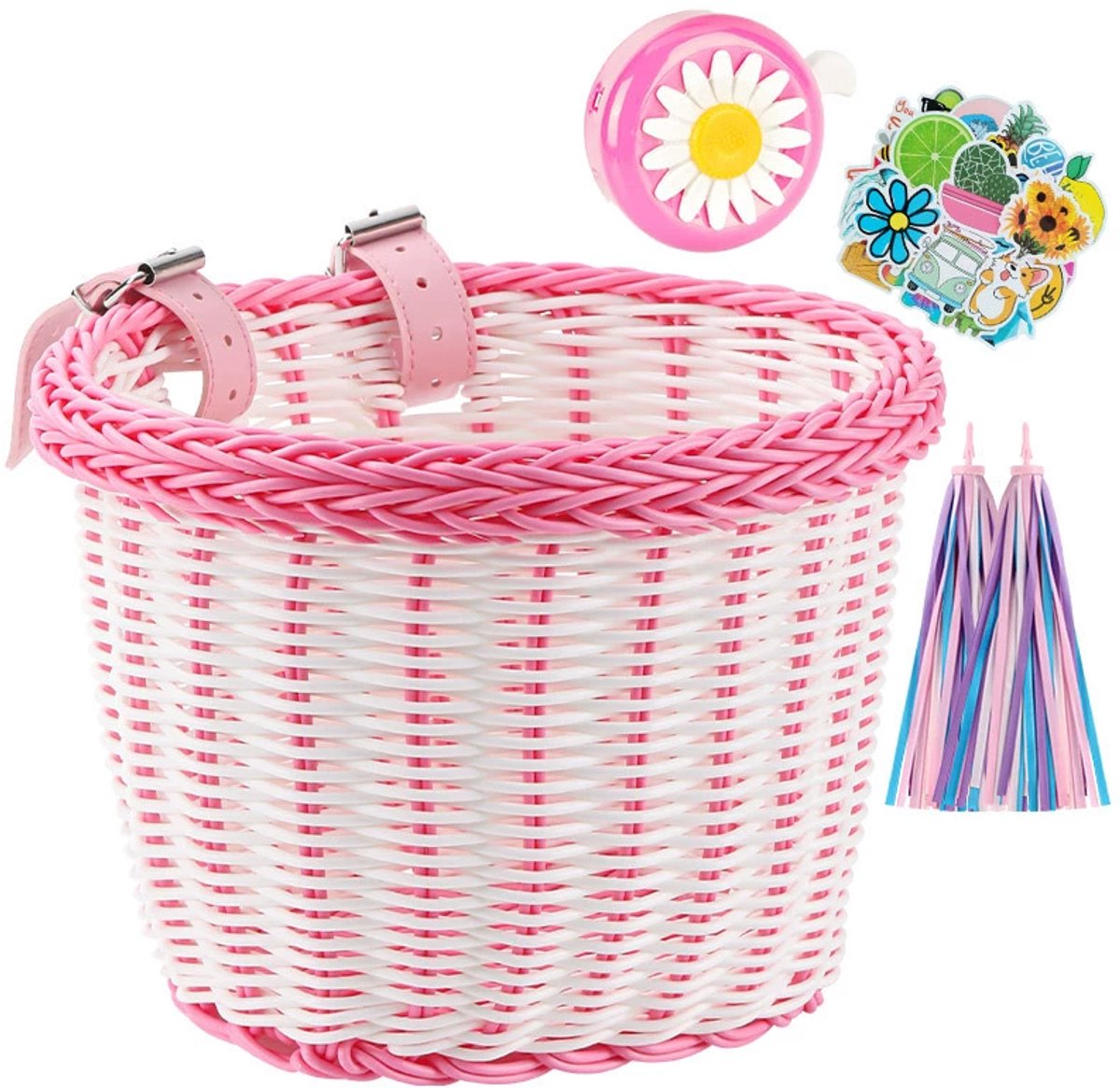 Fietsmandje Meisjes - Fietsmand Kinderfiets - inclusief Fietsbel Kind, 2 x Stuurslingers, 30 x Stickers - Handgeweven fietsmand voor kinderen - Fiets Accessoires voor Kinderen - Kinderfietsmand Set - Roze/wit