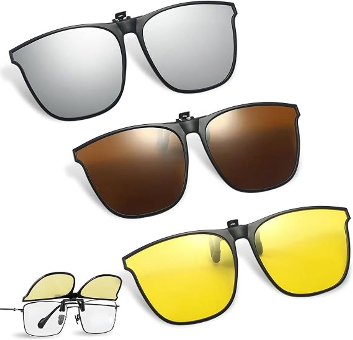 3 stuks Clip-on zonnebril - Clip on zonnebril heren - Clip on zonnebril dames - Brilclip - Voorzetbril - Zonnebril - UV-bescherming - Unisex - Opklapbare zonnebril - 3 kleuren - 14*5.7cm