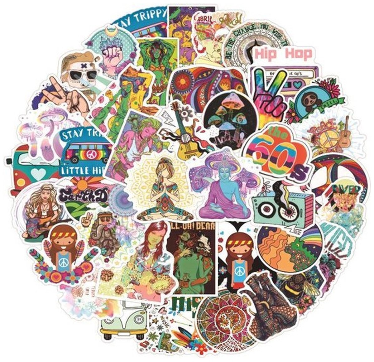 50 Hippie Stickers – Sixties, Peace, Bloemen, Gitaar & Retro Busjes