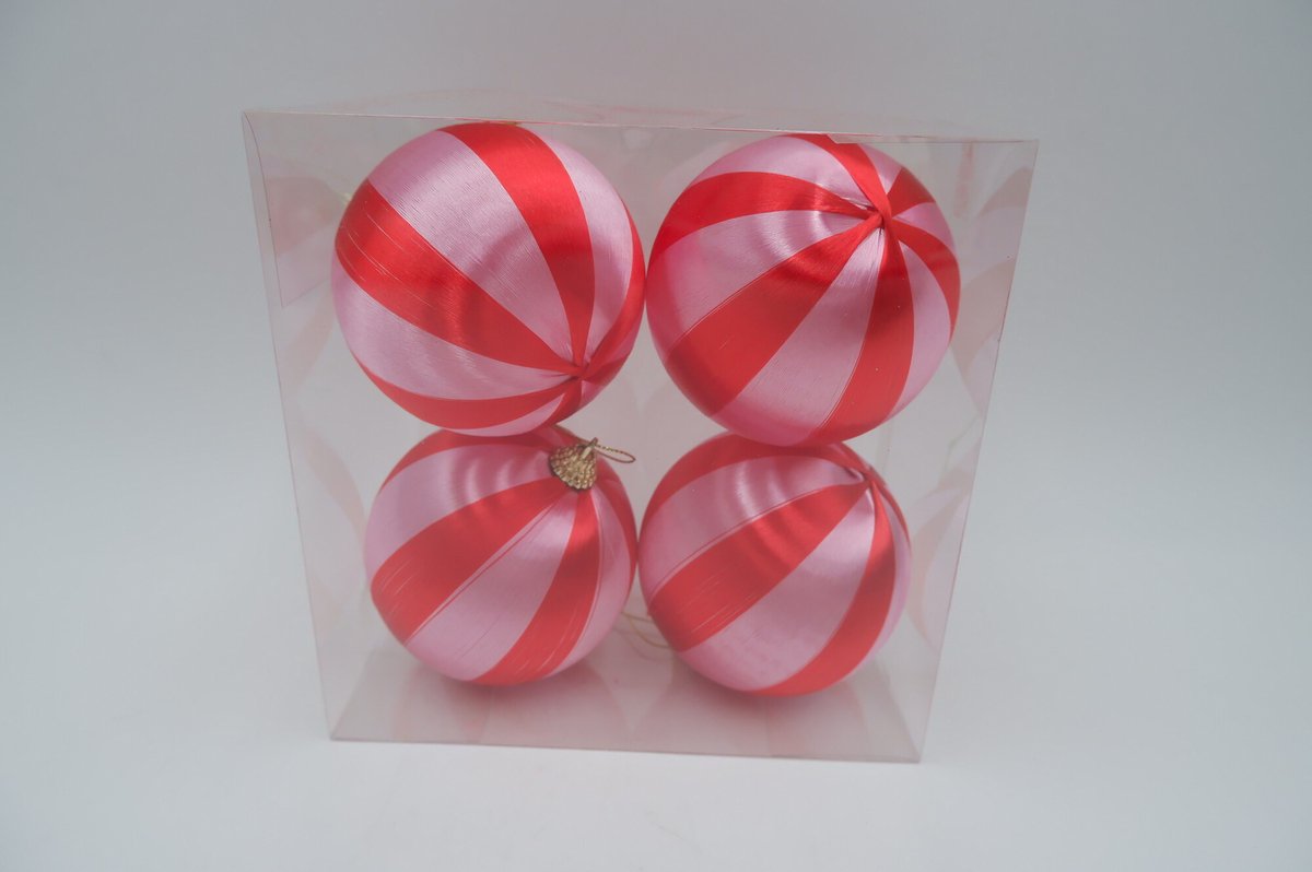 Kerstbal Set van 4 gestreept - Roze/rood