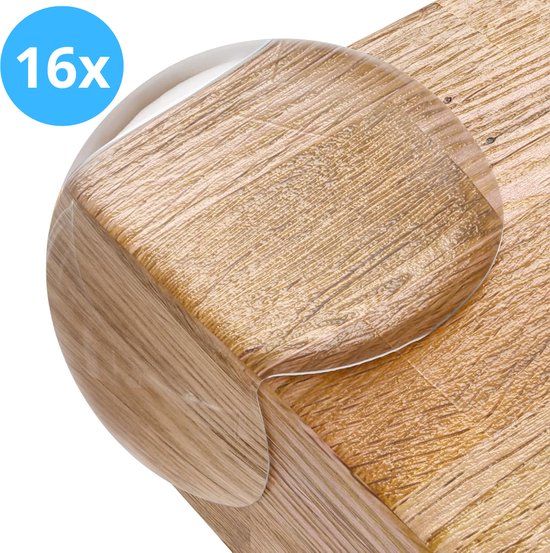 16x transparante, ronde hoekbeschermers op een houten tafelblad.
