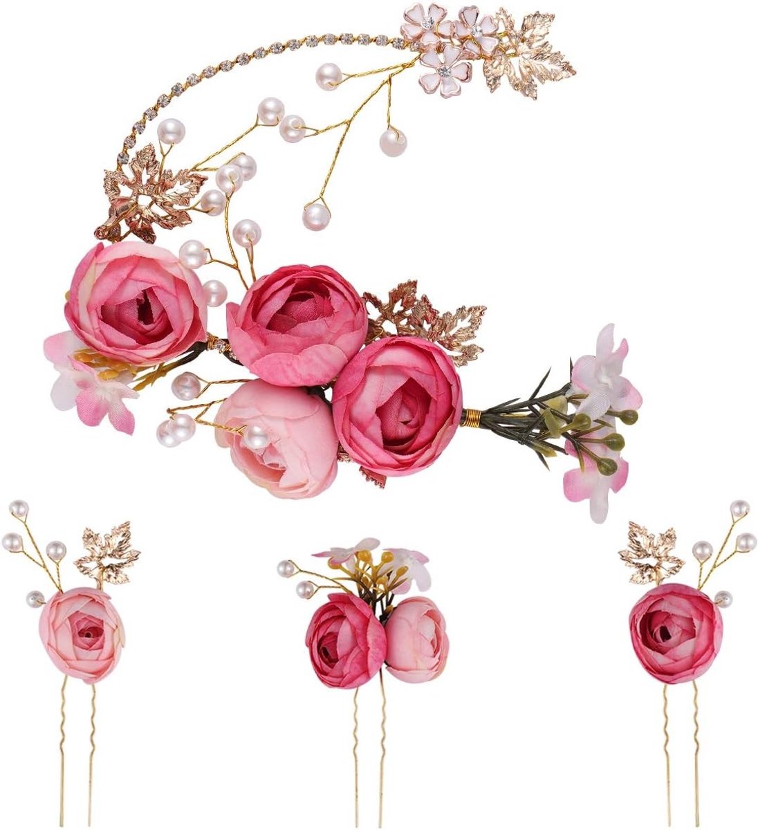 5-delige U-vormige rozen haarspeld set met bloemen, Franse zijkammetjes en haaraccessoires voor bruiloften en feesten (Roze)