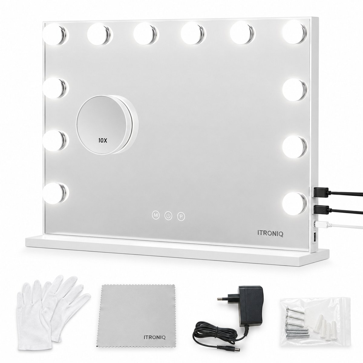 ITRONIQ Hollywood Spiegel Met Verlichting & Bluetooth - Make-up Spiegel 58x46 cm - 3 Lichtkleuren - Dimbaar - 10x Vergroting - Wit
