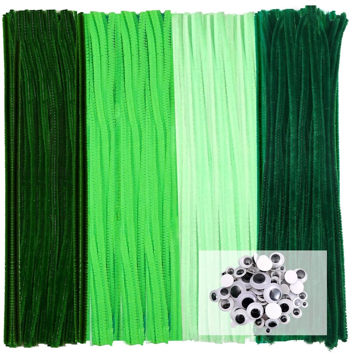 200 Stuks Pijpenragers Groene Serie met Wiggly Googley Ogen Chenille Stelen voor Creatieve Kunstprojecten en DIY Decoraties