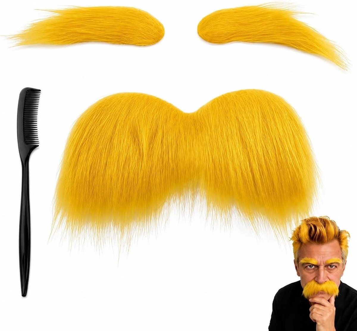 Set van Gele Snor en Wenkbrauwen - Nepbaard en Wenkbrauwen voor Feestjes, Verkleedpartijen en Themakleding, Perfecte Accessoire voor Mannen en Vrouwen