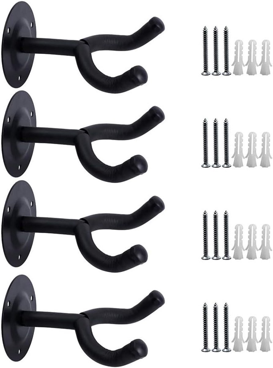 Set van 4 Gitaarwandhouders - Zwart - Premium Staal met Rubber Bescherming - Voor Muziekinstrumenten