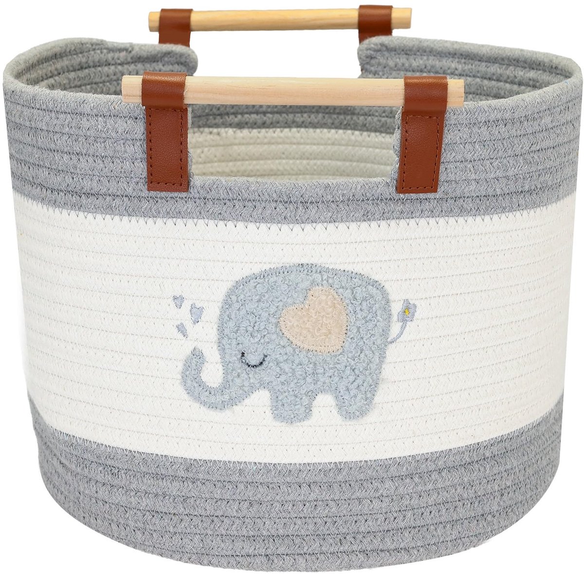 HMF Opbergmand met Houten Handgrepen, Ronde Mand van Katoen voor Kinderkamer of Babykamer - Olifant - 30 x 30 x 24 cm - ShopVlot