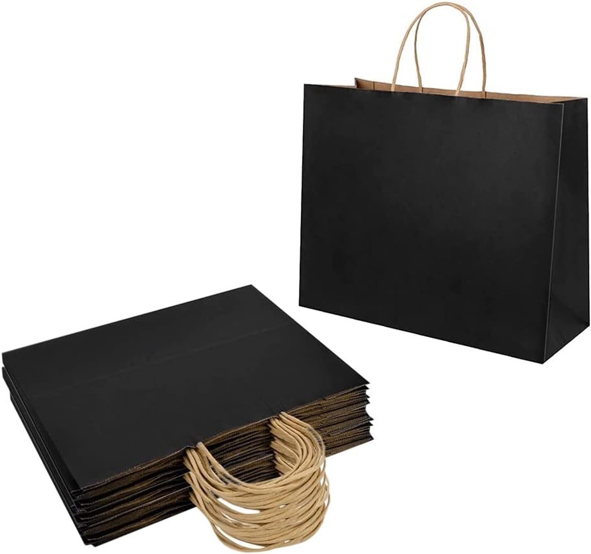 Set van 20 Zwarte Papieren Tassen, 32 x 11 x 25 cm, Kraft Tassen met Handvat voor Cadeaus, Feesten en Verjaardagen