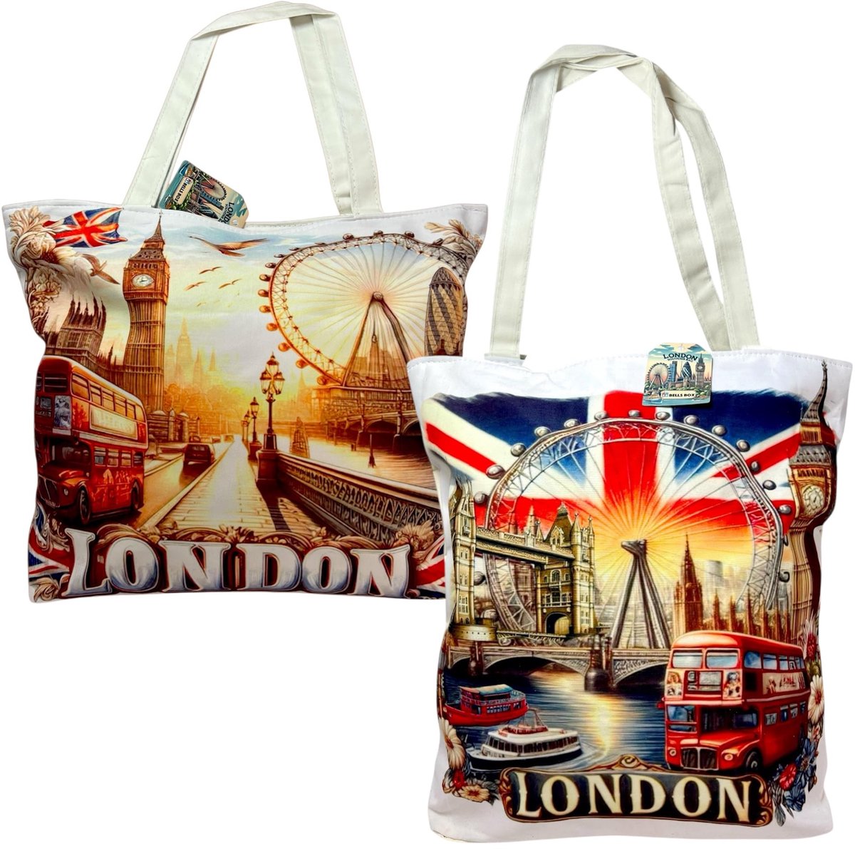 London Souvenir Bag - Union Jack Canvas Tote Bag - Herbruikbare Katoenen Hand Schouder Boodschappentassen, 2 X London - ShopVlot