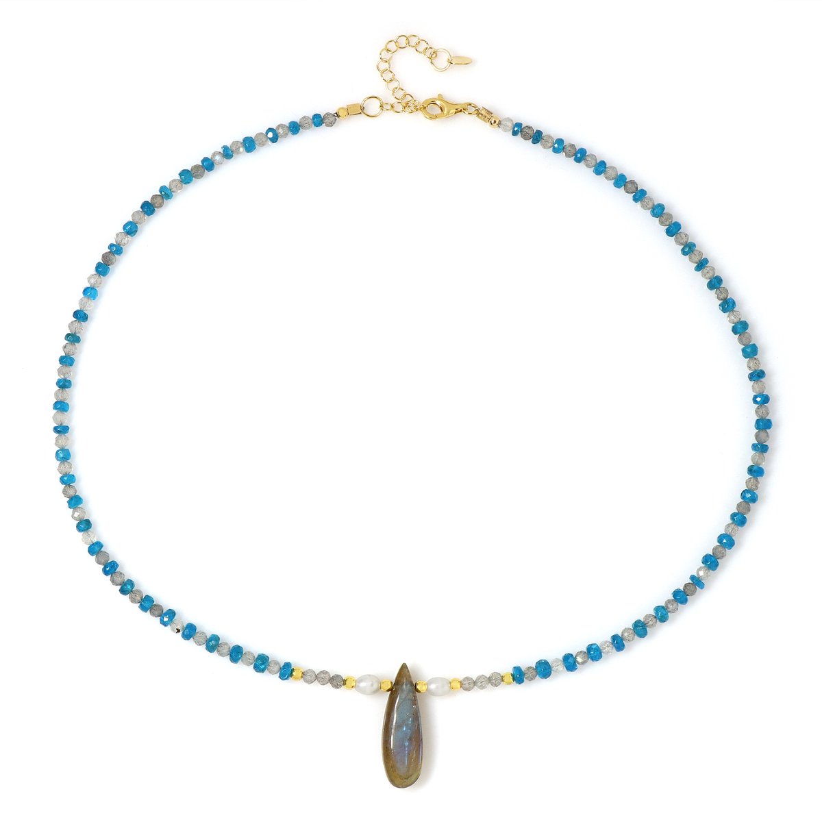 Cavill - Zilveren Ketting 925 Sterling Verguld - Labradoriet Druppel 8,78 ct - Gouden Hematiet & Blauwe Apatiet Kralen - Verstelbaar Elegante Dames