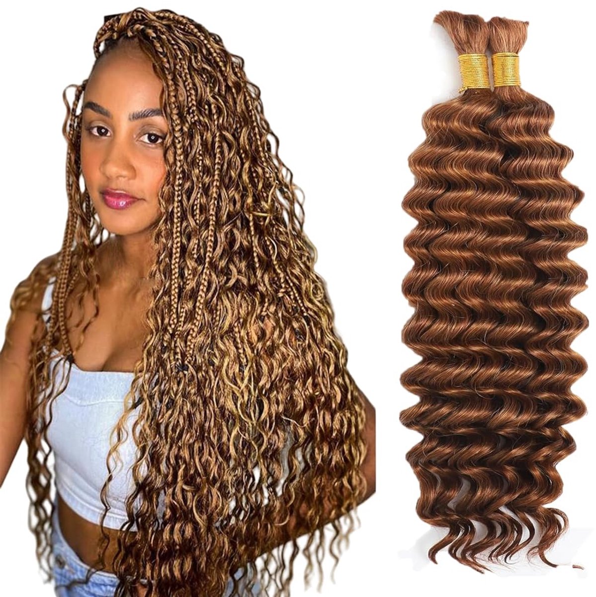 HeioWuio Human Braiding Hair for Boho Braids #30 Light Brown Color Deep Wave Verlenging Van Menselijk Haar Bulk Human - ShopVlot