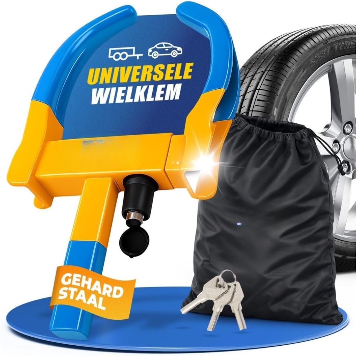 Lìon® Wielklem - Voor Auto, Aanhanger, Caravan en Camper - Wielklem Aanhanger - Geel/Blauw - 43cm x 25cm x 8cm