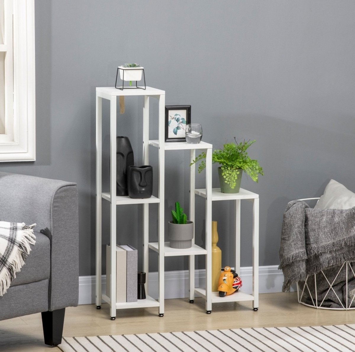 REDOM - Plantenstandaard - 7 lagen open kast - anti-kantelbescherming - Scandinavische stijl - woonkamer en balkon - staal - wit - 65 x 23 x 94,5 cm