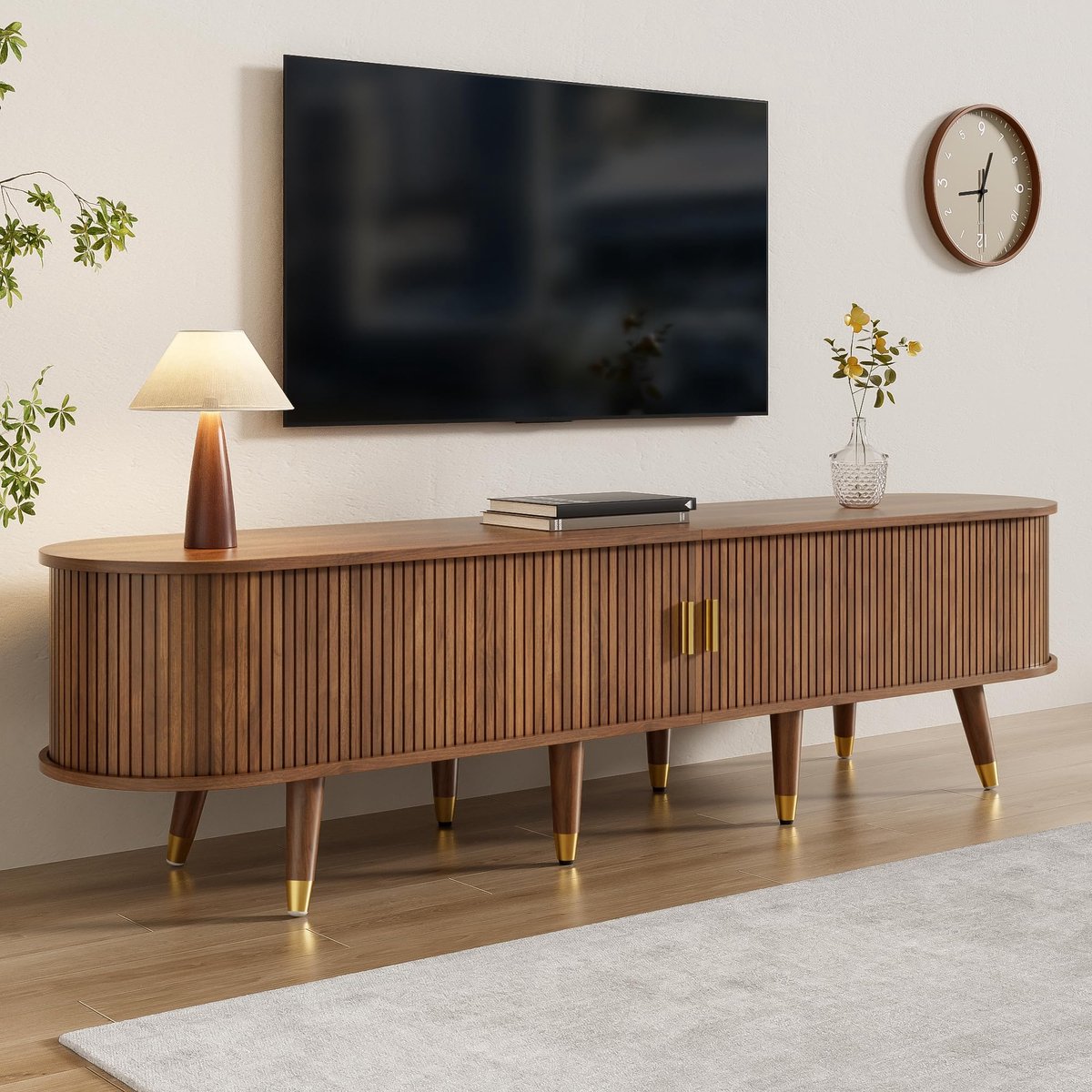 Famanu – TV-kast met schuifdeuren, tv-meubel en tv-standaard, lager ontwerp in walnootkleur, voor een unieke uitstraling
