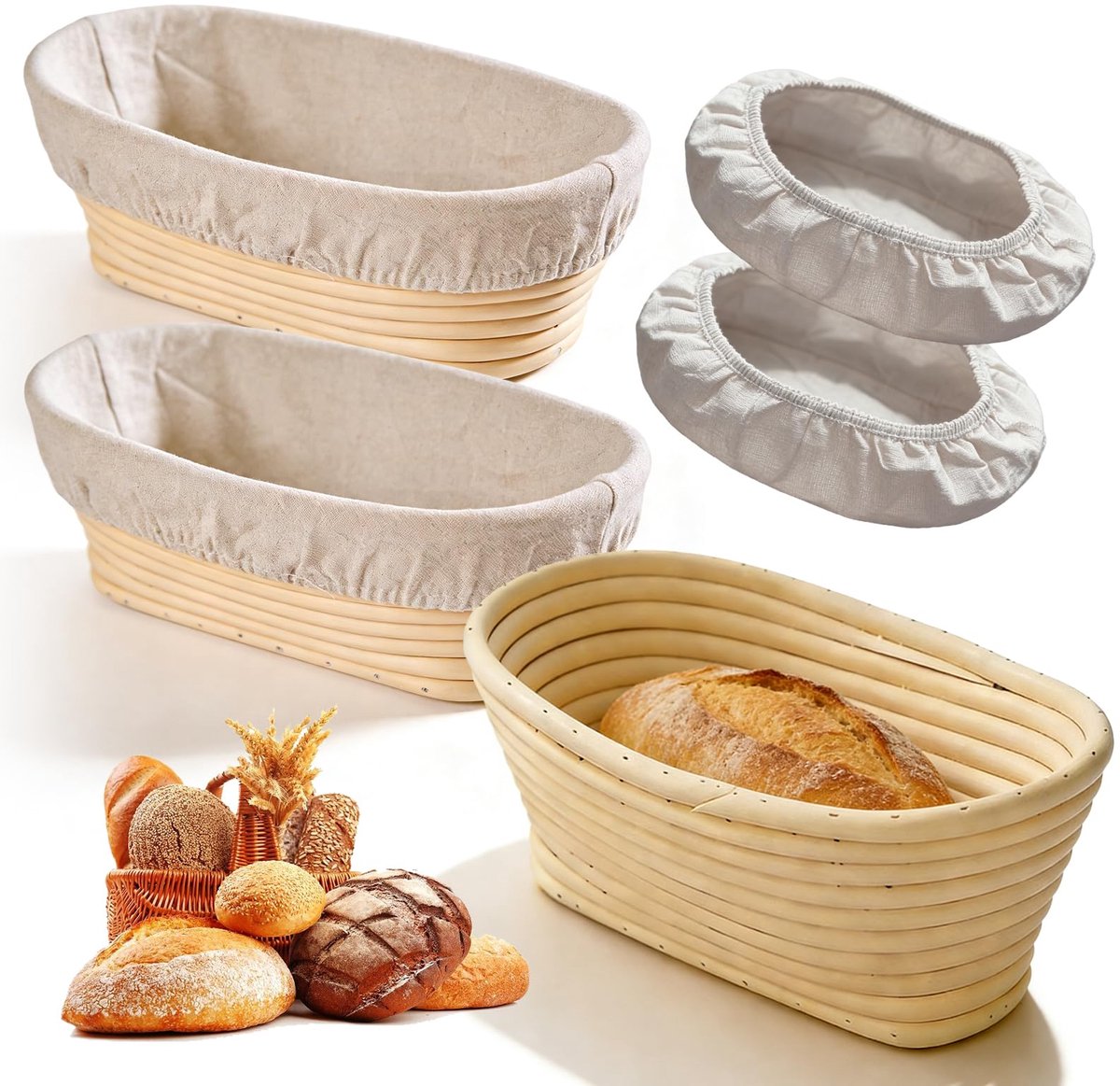 Famanu – Set van 2 ovale rijsmandjes met 4 stoffen overtrekken, 25 cm diameter, Banneton broodmand met afneembare bekleding, geschikt voor professionele en particuliere bakkers (25 x 15 x 8,5 cm