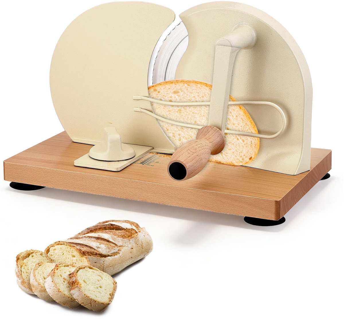 Famanu – Handmatige broodsnijmachine met houten frame en roestvrijstalen lemmet, instelbare snijdikte van 0-2 cm, ideaal voor gelijkmatige schijven