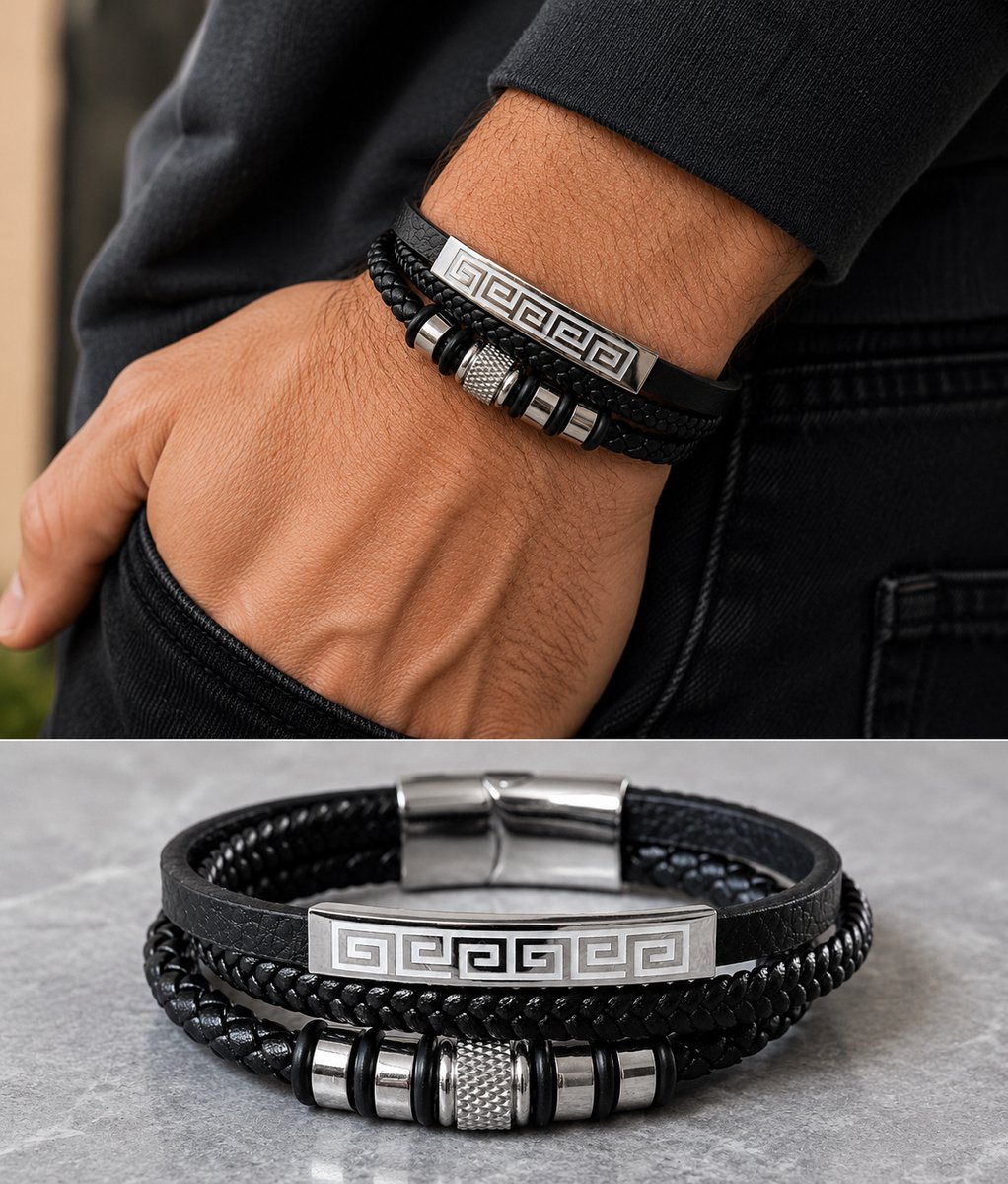 Anelplus Heren Armband – Zwart met Zilverkleurige Details – Stijlvolle Armband voor Mannen