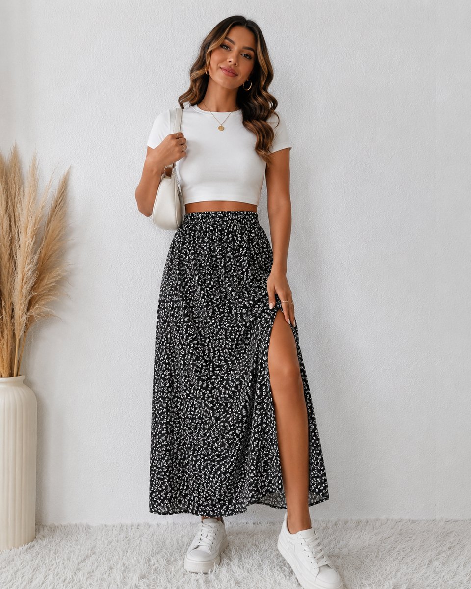 Dames Maxi Rok met Bloemenprint – Hoge Taille – Split – Zwart/Wit Maat L