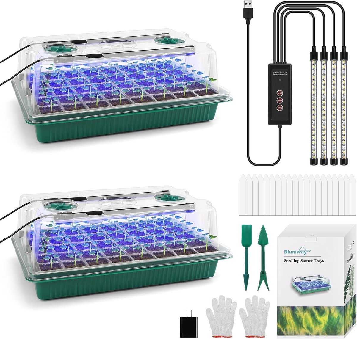 Upgrade Zaadstarter Tray met Groeilicht, 80-Cel Seedling Tray met Vochtigheidsdome, Binnenkweekset voor Diepgewortelde Zaailingen met Verstelbaar en Timer Licht
