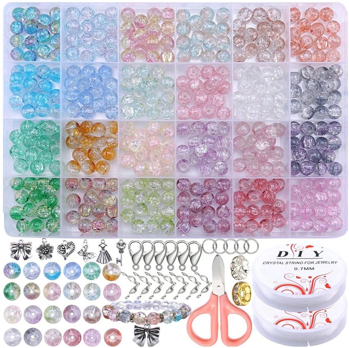 DIY Glas Kralen Set - 360 stuks - Glaskralen Set Deluxe - 8mm - DIY Sieraden maken - Edelstenen Kralen - Glasparels - Rocailles - Bedels - Voor armbanden - Kleurige gebroken losse kralen - 24 Kleuren