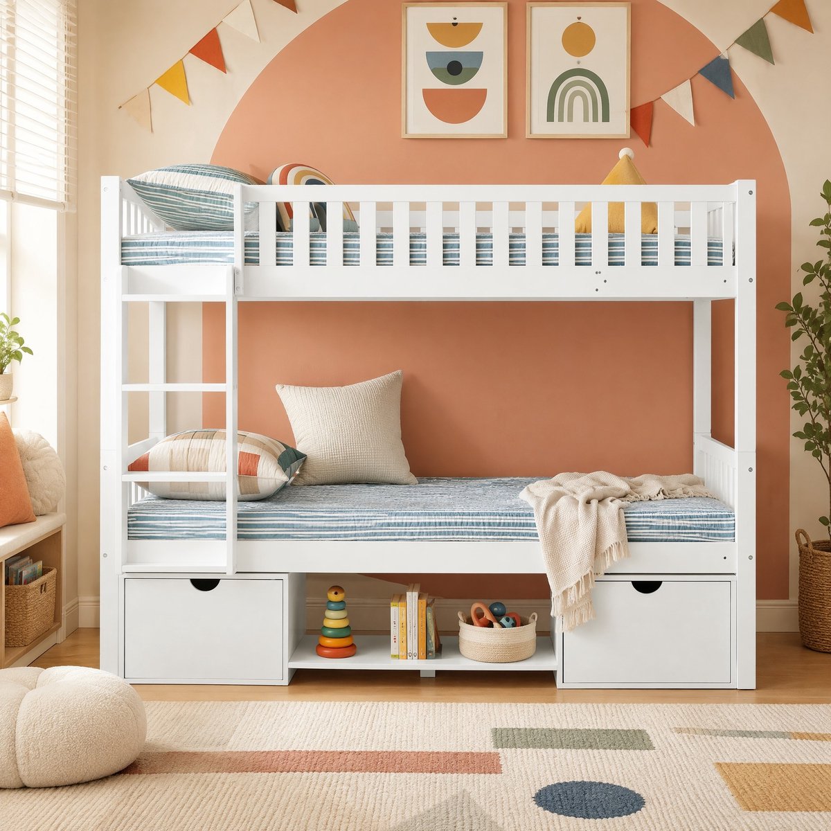 Stapelbed 90x200 cm Voor Kinderen – Omvormbaar Naar 2 Eenpersoonsbedden – Met Ladder, Veiligheidshekken En Opberglades – Wit – Zonder Matras