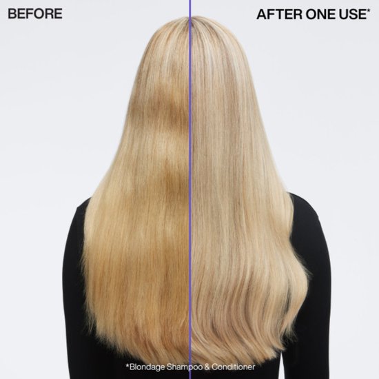 Comparaison avant/après de cheveux blonds : mèches jaunes indésirables à gauche, blond lumineux à droite.