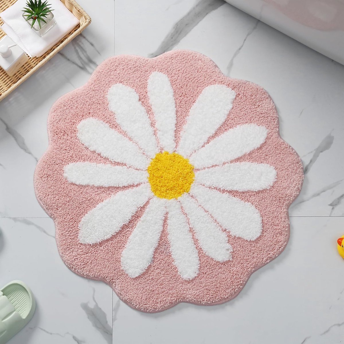 Badkamerkleedje - 60x60 cm - badmat tapijt - Badmat antislip - Zachte Bloem Badmat Antislip - Pluche Roze Madeliefje Vloermat - voor Badkamer en Slaapkamer - Machinewasbaar Kindertapijt