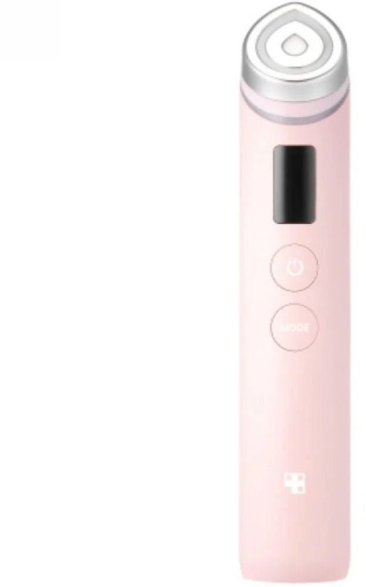 Roze Medicube Age-R Booster Pro gezichtsverzorgingsapparaat met zilveren details en digitale display.