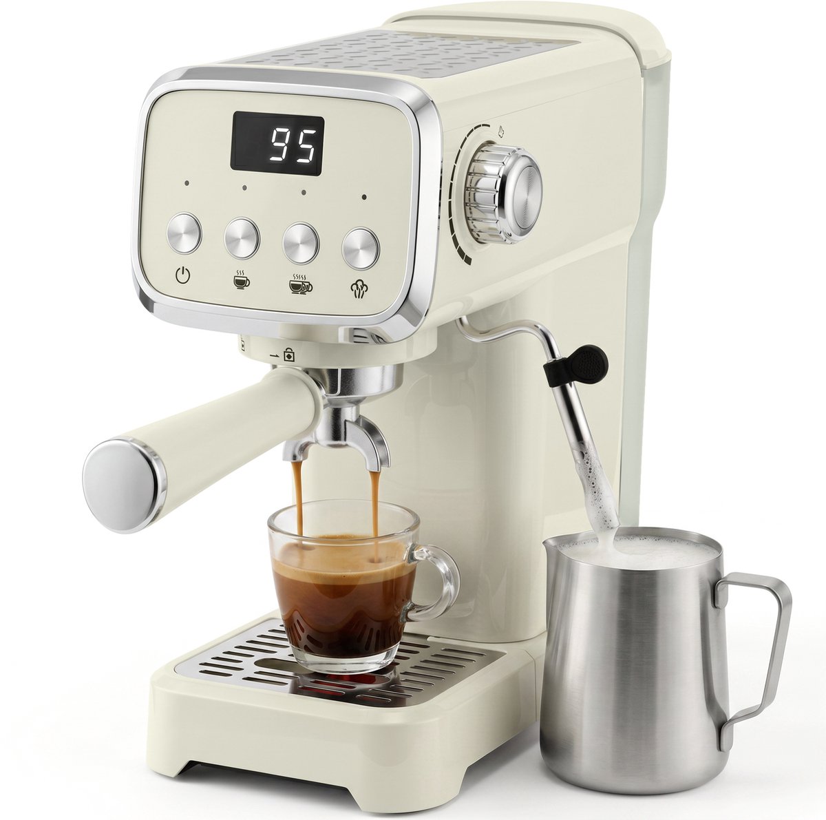 TEKROA®Halfautomatische espressomachine - van 20 bar en 1350 W - melkschuimer - geschikt voor 1 of 2 kopjes - heet water en een kopjeswarmer