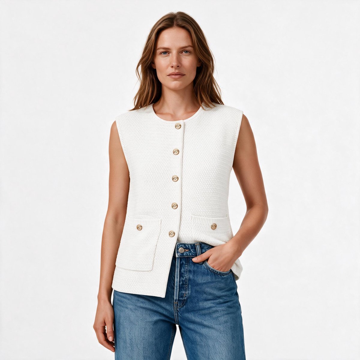 Imily Bela Dames Mouwloos Gilet met Knopen en Opgestikte Zakken