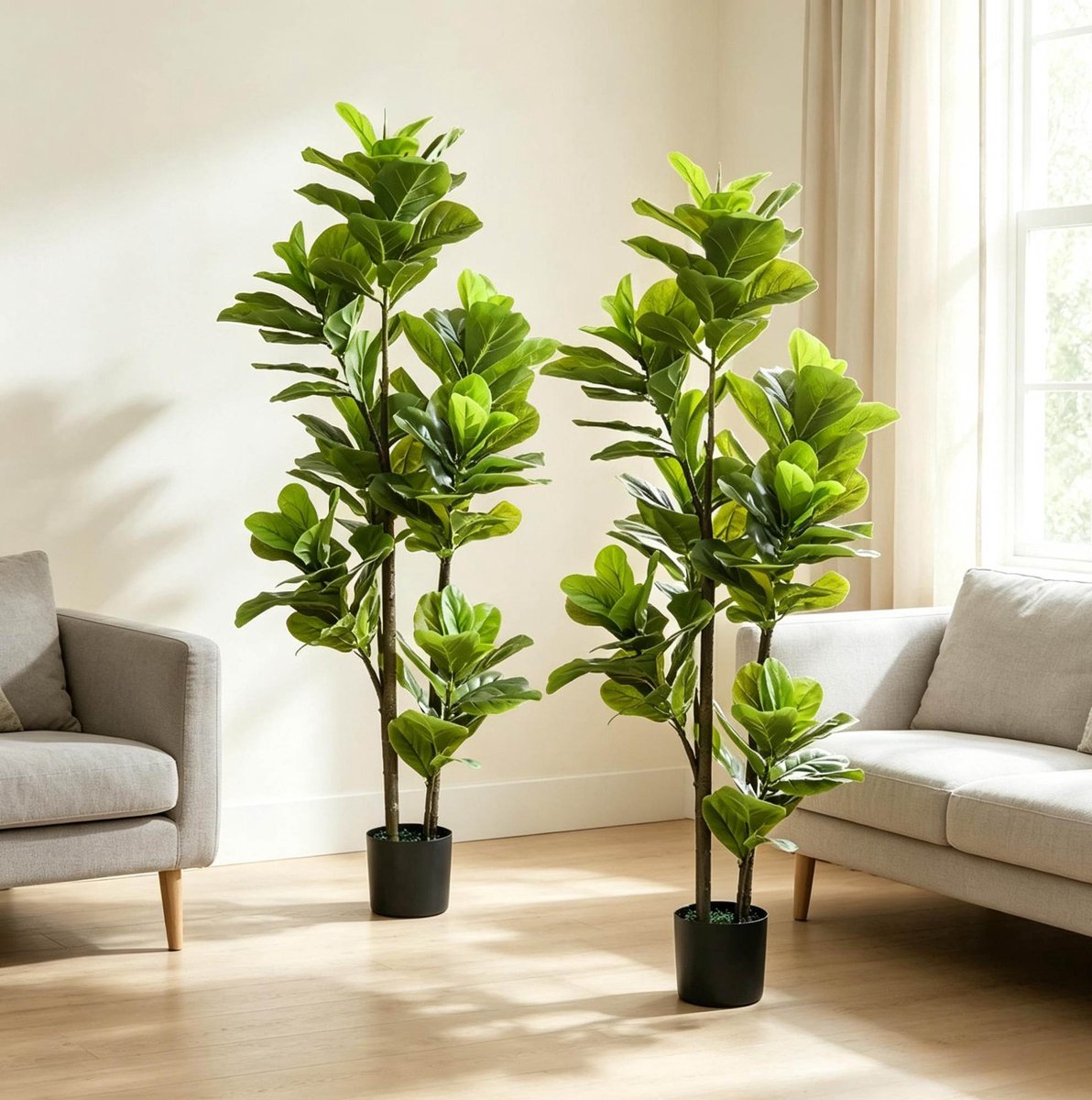 Stilvora Kunstplant Set Van 2 – 150 Cm Realistische Geigenfeige – Kunststof – Groen – Voor Binnen – Met Stevige Zementtop