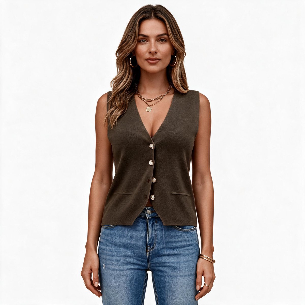 Imily Bela Dames Getailleerd Gilet met V-hals en Knopen